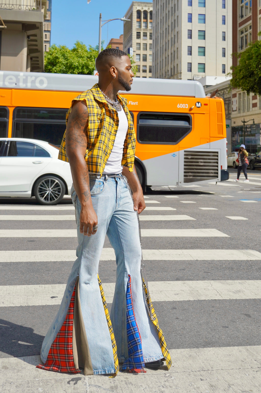 Plaid Flared Denims